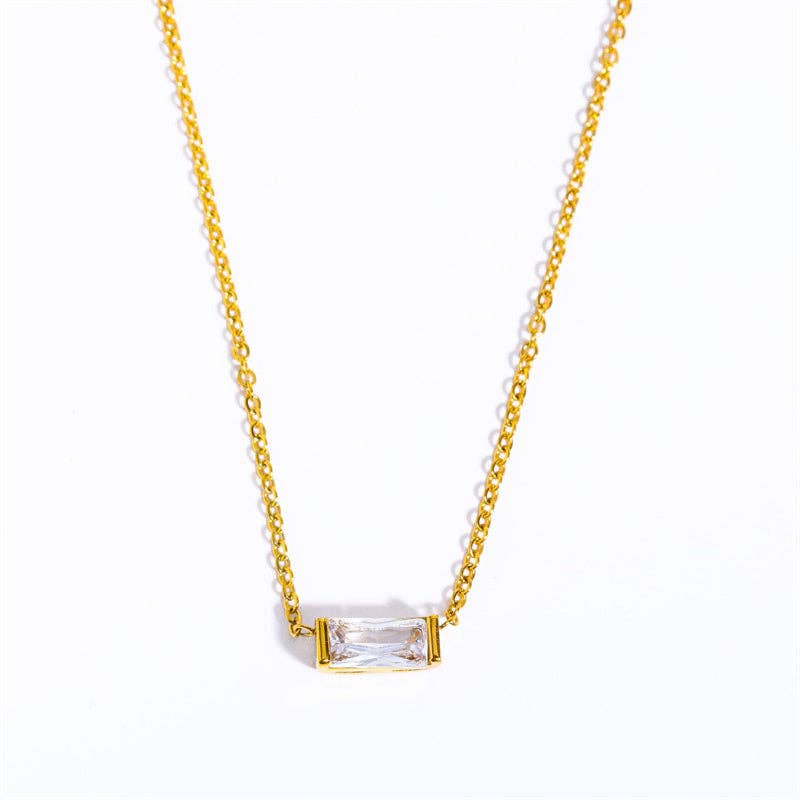 Rectangle Birthstone Charm Gold Necklace in Stainless Steel