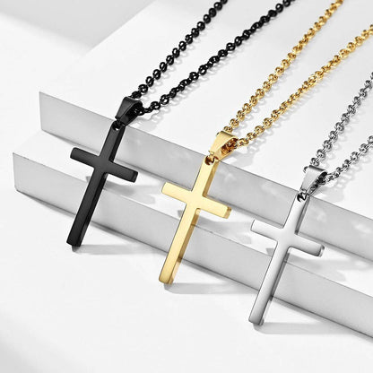 Mens Cross Charm Pendant Necklace in Stainless Steel