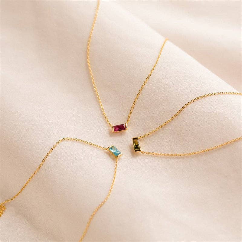Rectangle Birthstone Charm Gold Necklace in Stainless Steel