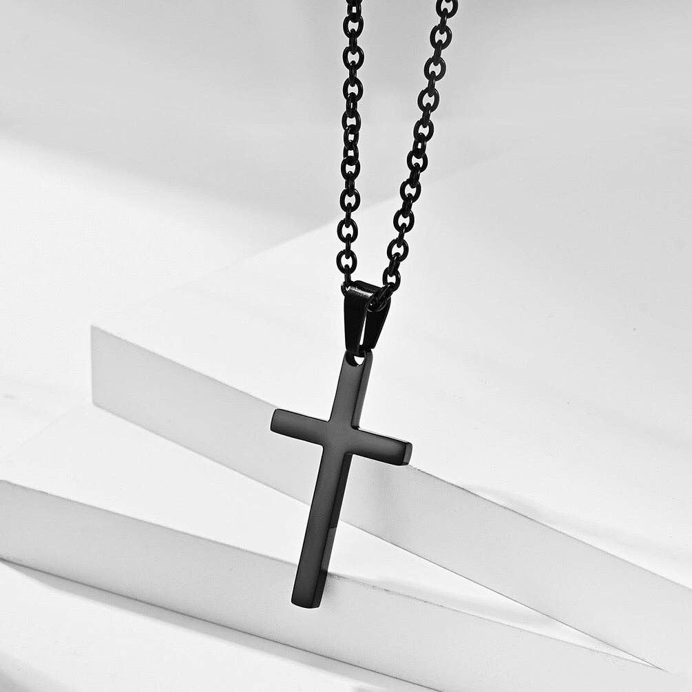 Mens Cross Charm Pendant Necklace in Stainless Steel