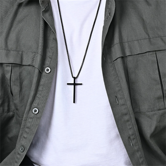 Mens Cross Charm Pendant Necklace in Stainless Steel