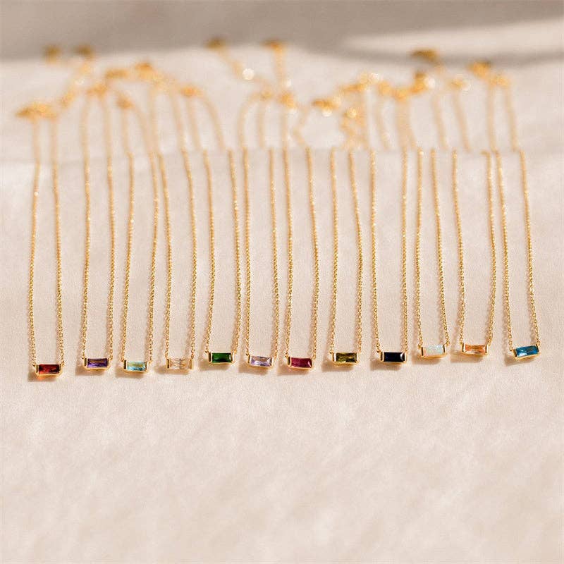 Rectangle Birthstone Charm Gold Necklace in Stainless Steel